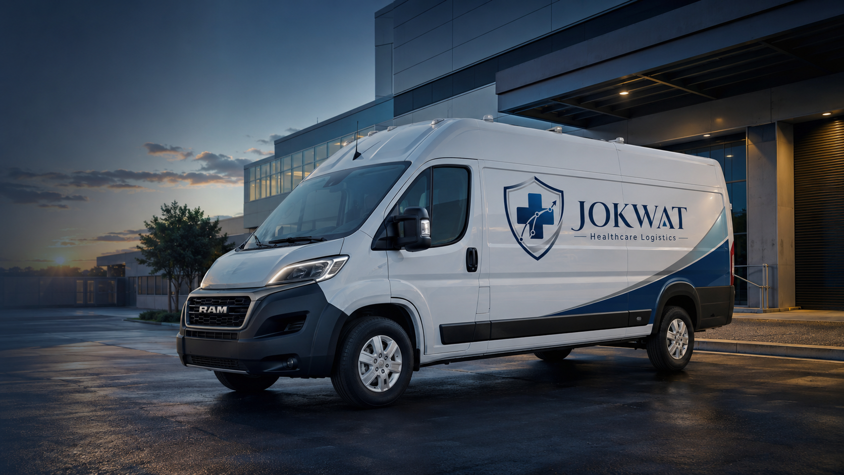 Branded JOKWAT Healthcare Logistics RAM ProMaster extended high-roof logistics vehicle at a modern operations facility